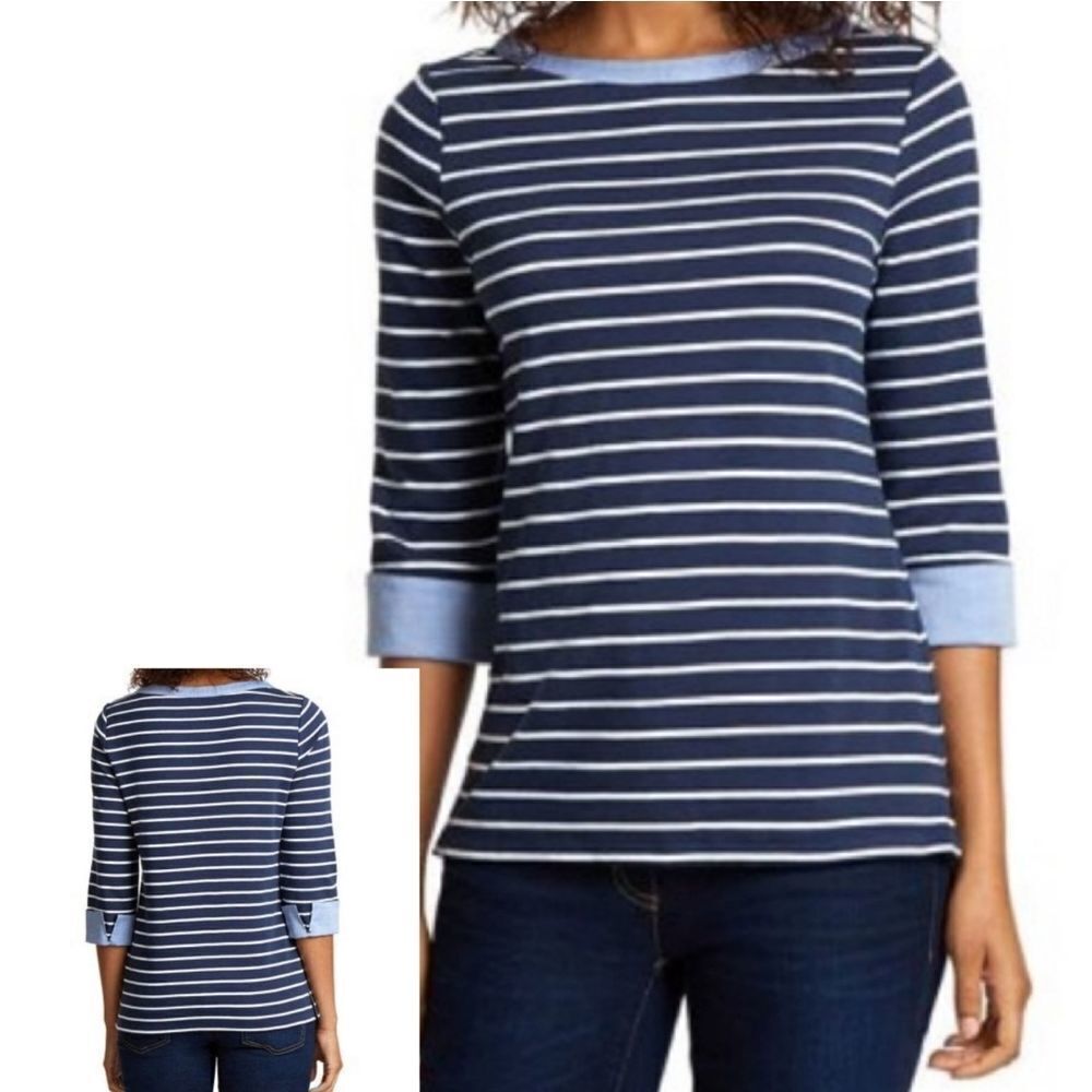 🔺️Nautica Blue & White Striped Boatneck Split Cuff Top Medium